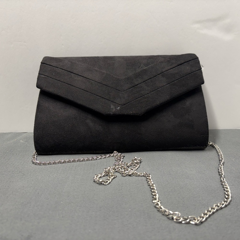 Dressen women’s evening bag.  Black suede with silver chain handle